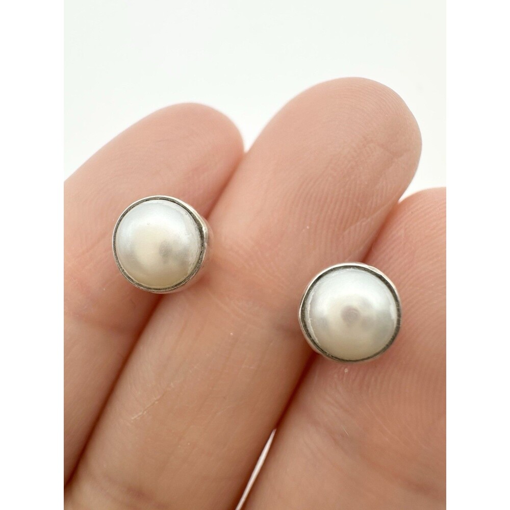 925 Sterling Silver 6mm Natural Bezel Set Pearl Stud Earrings